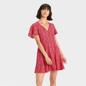 Universal Thread - Women's Short Sleeve Button-Front Mini A-Line Dres Red